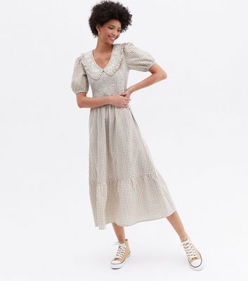 Brown Gingham Shirred Frill Collar Midi Dress | New Look